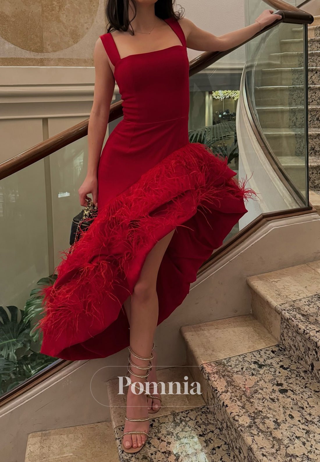 Red Spaghetti Straps Square Ruffles Prom Dress