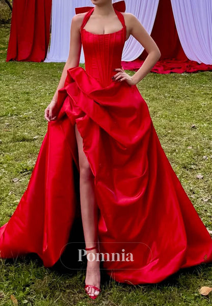Red Spaghetti Straps Square Slit Ruched Prom Dress