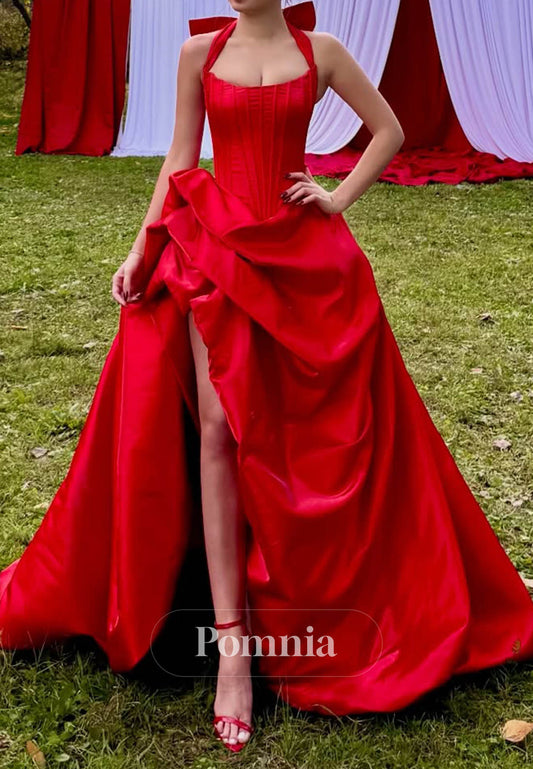 Red Spaghetti Straps Square Slit Ruched Prom Dress