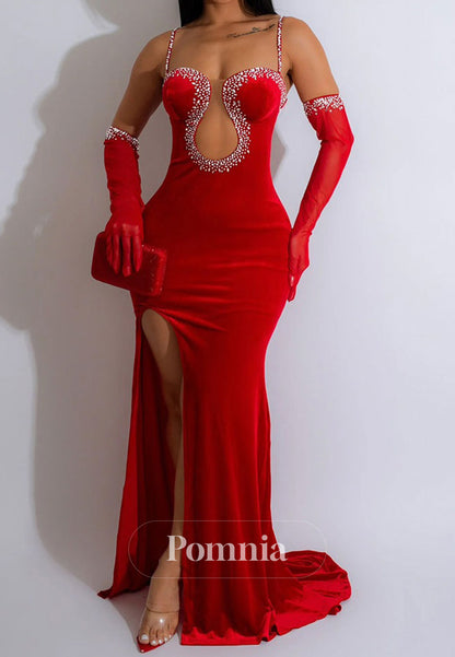 Red Spaghetti Straps Sweetheart Corset Ruched Prom Dress