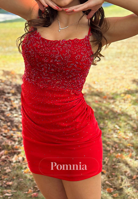 Red Spaghetti Straps Sweetheart Ruched Mini Homecoming Dress