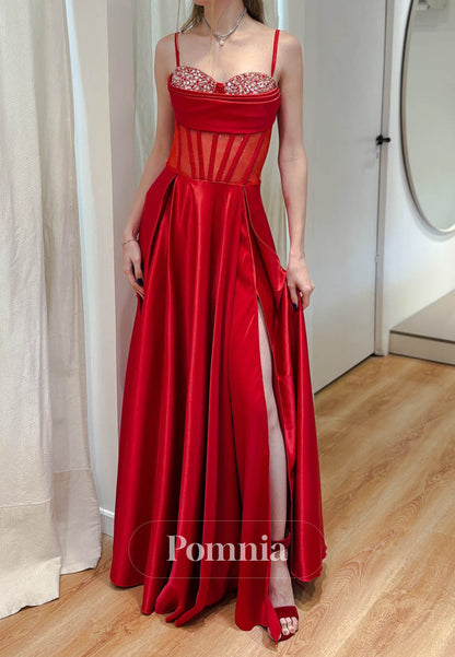 Red Spaghetti Straps Sweetheart Sequins Corset Prom Dress