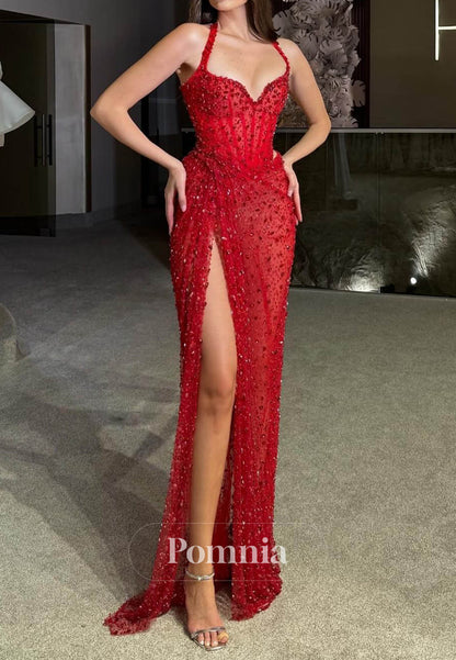 Red Spaghetti Straps Sweetheart Slit Sequins Prom Dress