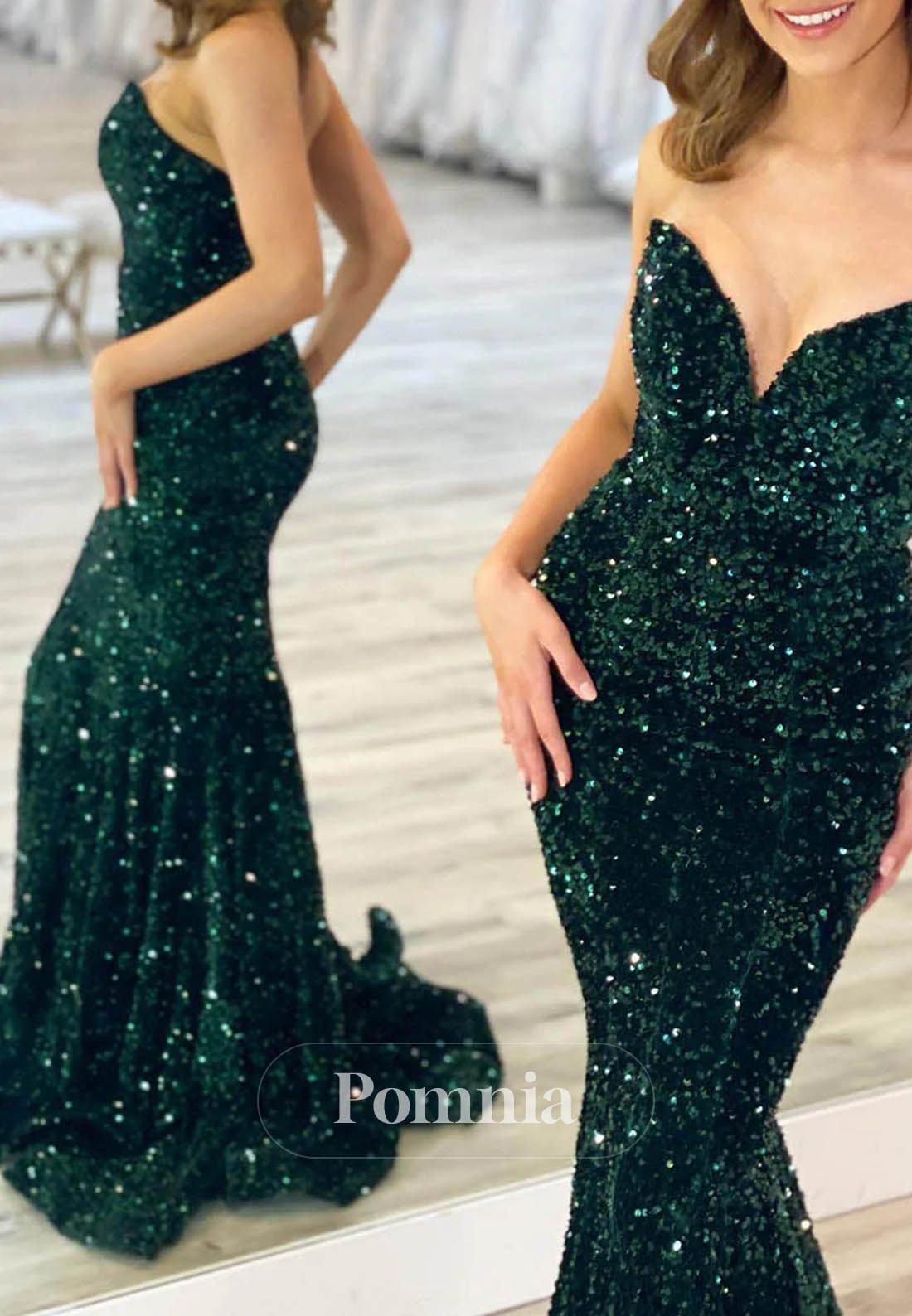 Sparkly Strapless Appliques Mermaid Long Prom Dress