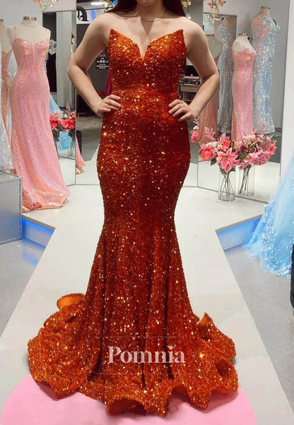 Sparkly Strapless Appliques Mermaid Long Prom Dress