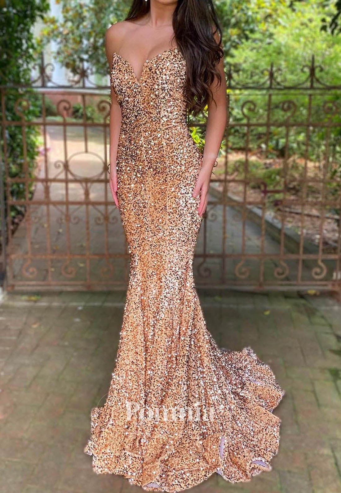 Sparkly Strapless Appliques Mermaid Long Prom Dress