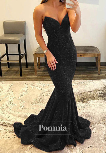 Sparkly Strapless Appliques Mermaid Long Prom Dress