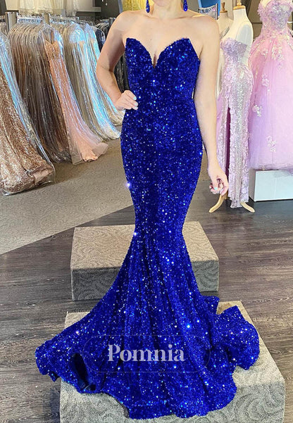 Sparkly Strapless Appliques Mermaid Long Prom Dress