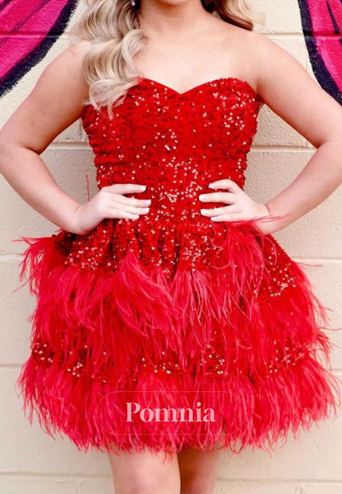 Red Strapless Sleeveless Feathers Short Homecoming Dress