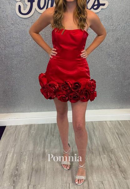 Red Strapless Sleeveless Floral Appliques Mini Homecoming Dress