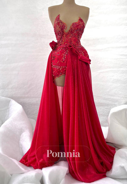 Red Strapless Sleeveless Slit Appliques Homecoming Dress