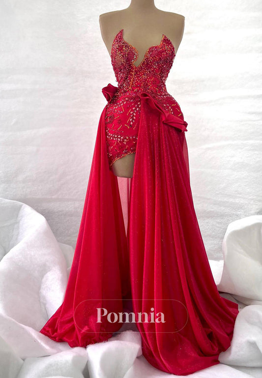 Red Strapless Sleeveless Slit Appliques Homecoming Dress