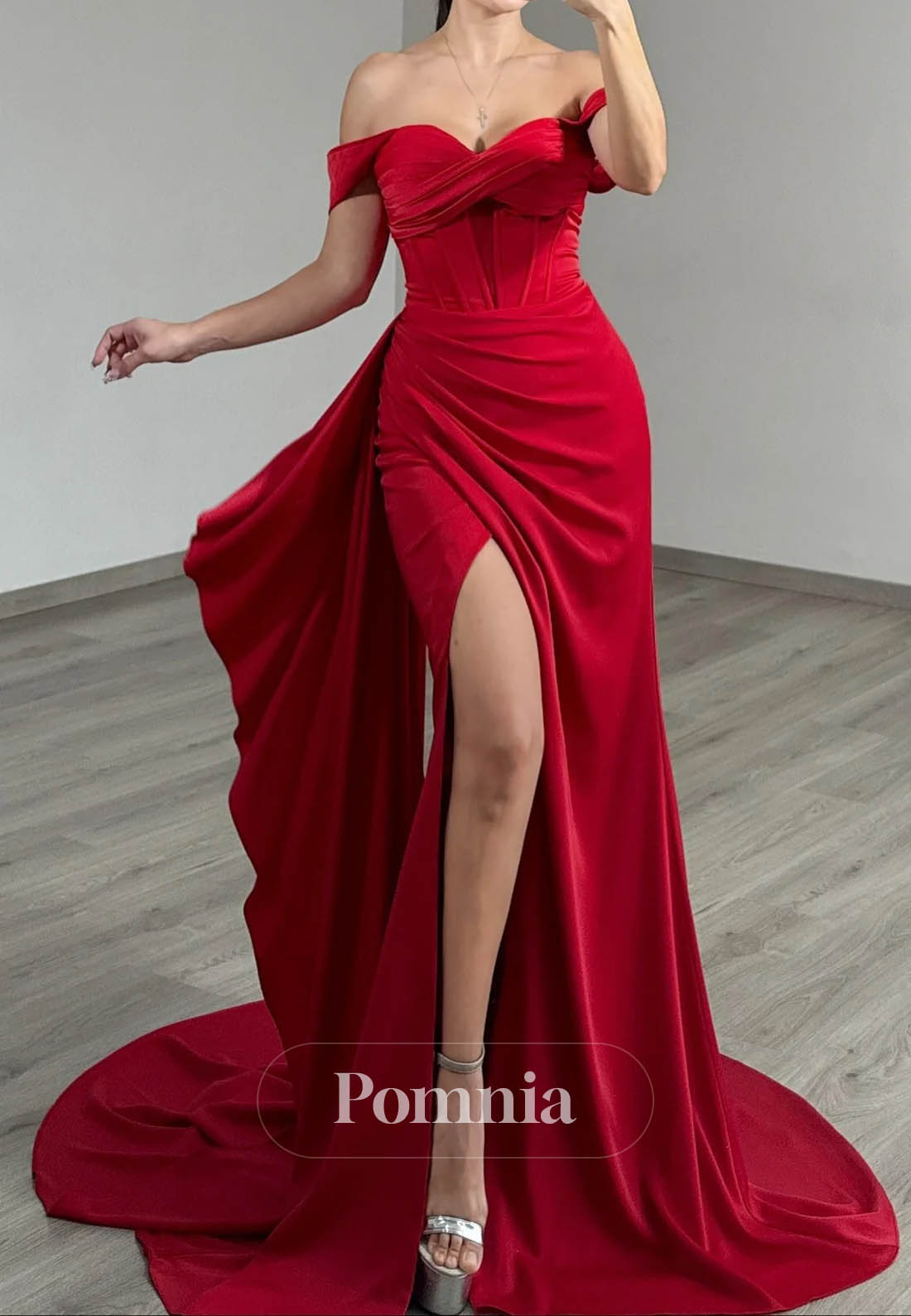Red Sweetheart Sleeveless Slit Ruched Corset Prom Dress