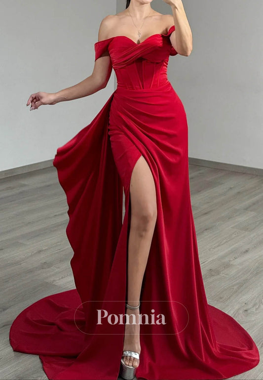 Red Sweetheart Sleeveless Slit Ruched Corset Prom Dress