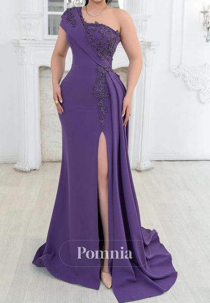 Regency One Shouldr Sleeveless Slit Appliques Evening Dress