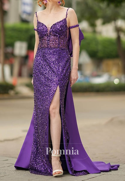 Regency Spaghetti Straps Sweetheart Slit Sequins Prom Dress