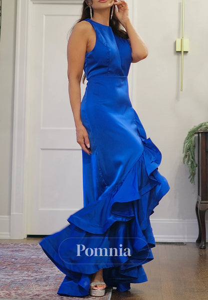 Royal Blue Sleeveless Scoop Ruffles Evening Dress