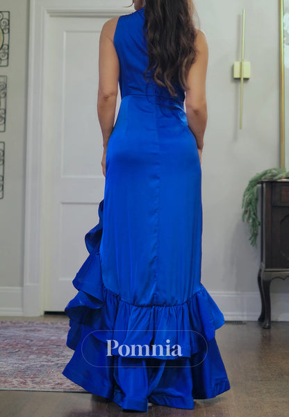 Royal Blue Sleeveless Scoop Ruffles Evening Dress