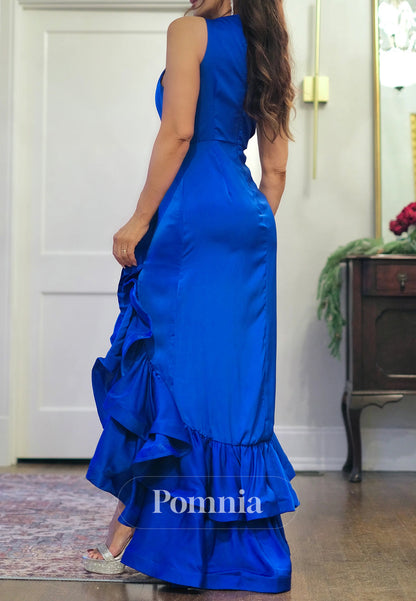 Royal Blue Sleeveless Scoop Ruffles Evening Dress