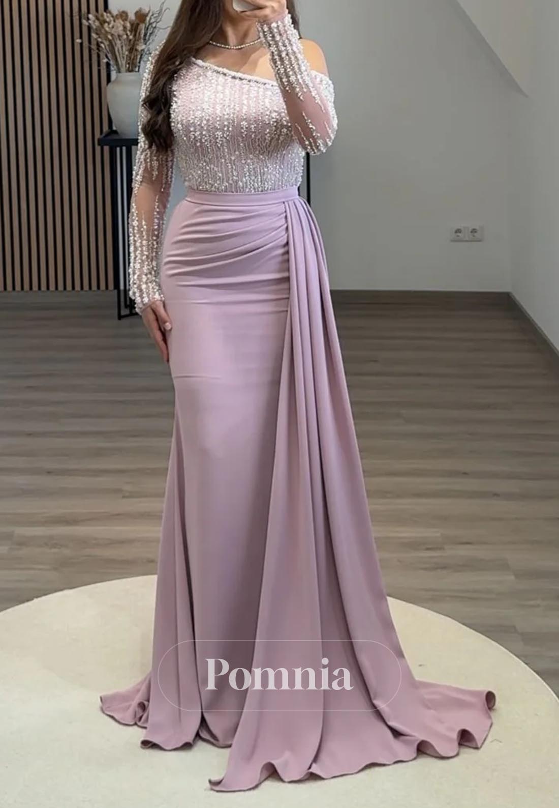 Mermaid Long Sleeves Appliques Ruched Evening Dress