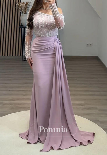 Mermaid Long Sleeves Appliques Ruched Evening Dress