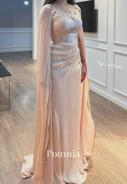 Rose Petal Cape Scoop Sequins Ruched A-Line Evening Dress