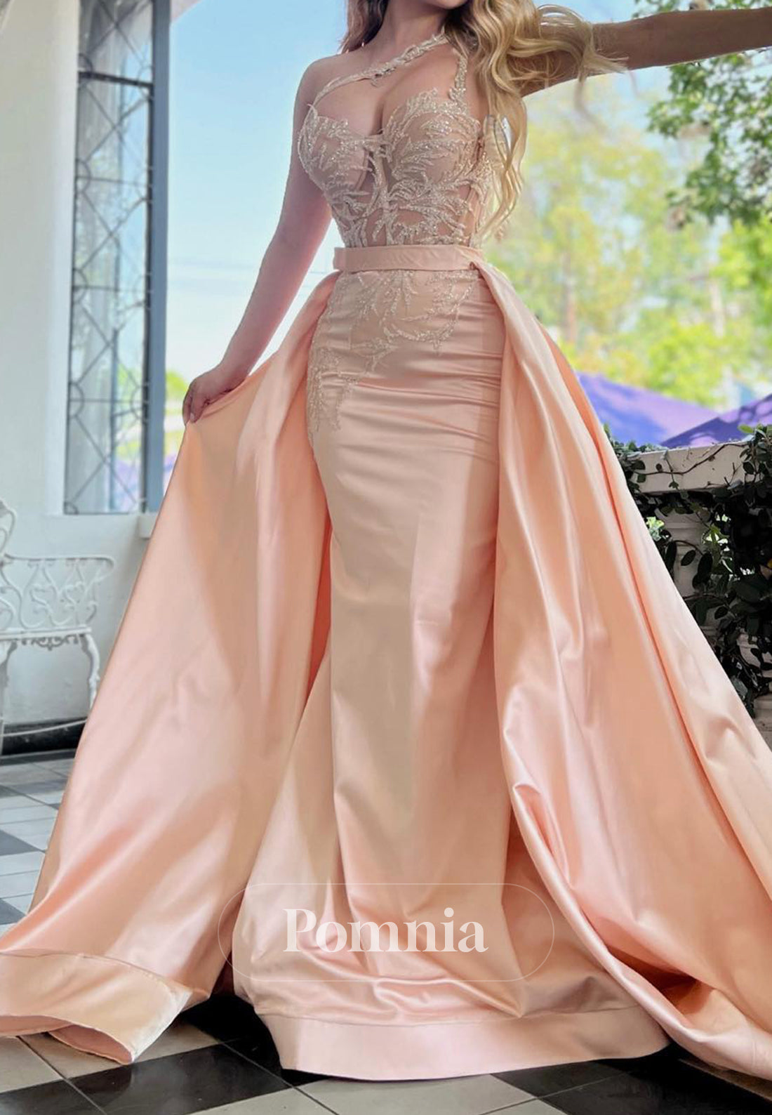 Rose Petal One Shoulder Sleeveless Appliques Prom Dress
