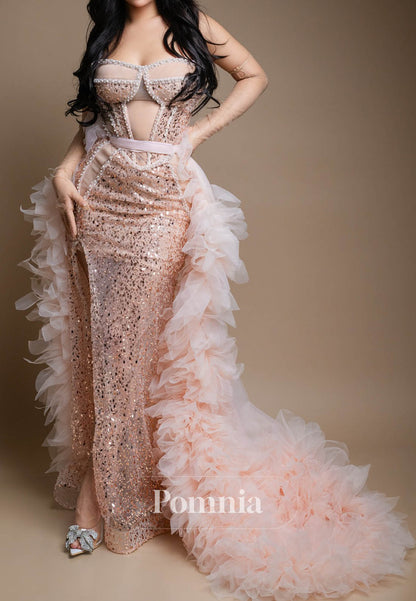 Rose Petal Sleeveless Strapless Sequins Slit Prom Dress