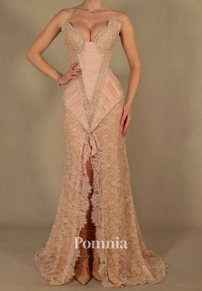Rose Petal Sleeveless Strapless Slit Lace Evening Dress