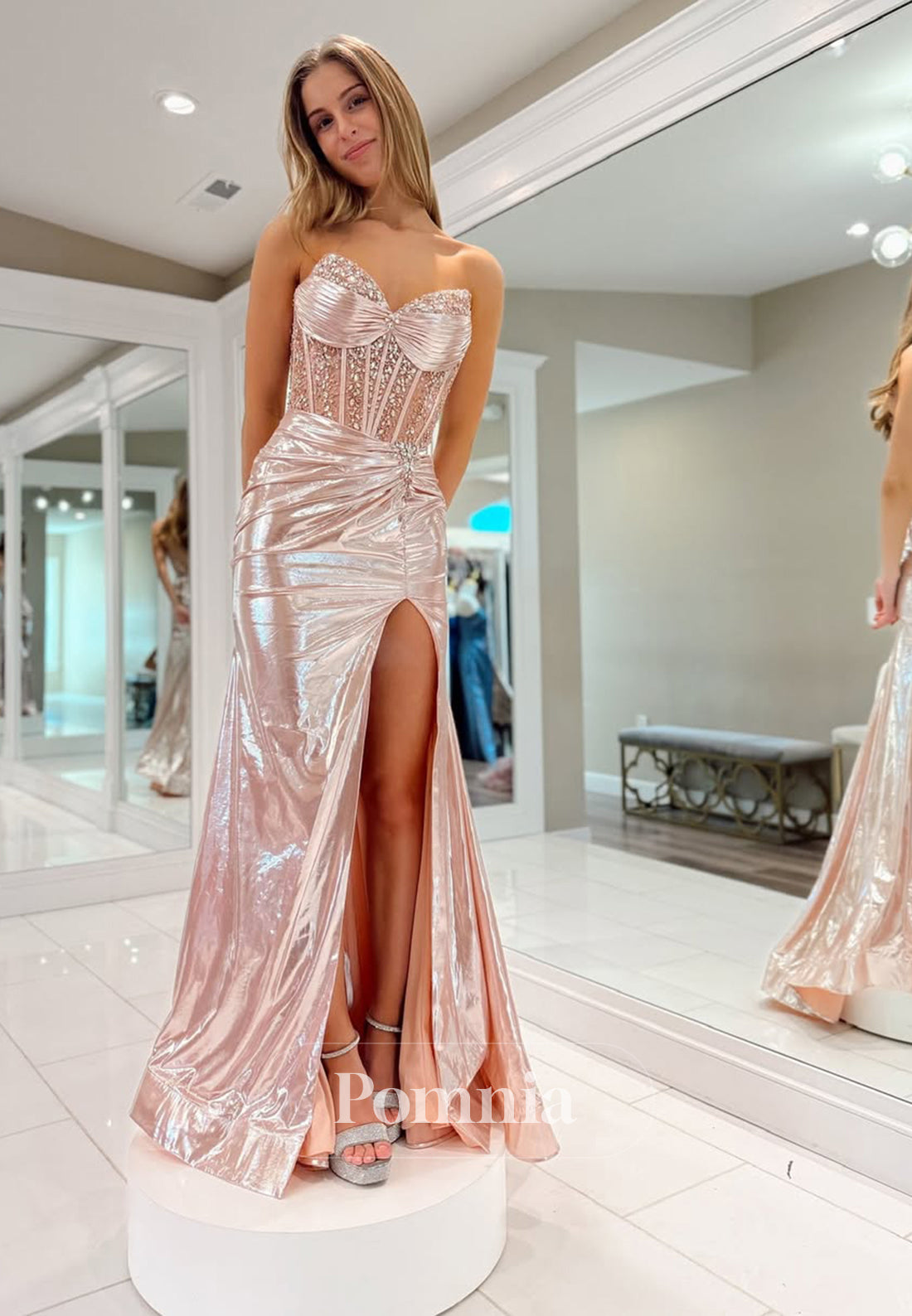 Rose Petal Sleeveless Sweetheart Prom Dress with Slit Corset Tulle Evening Party Dress