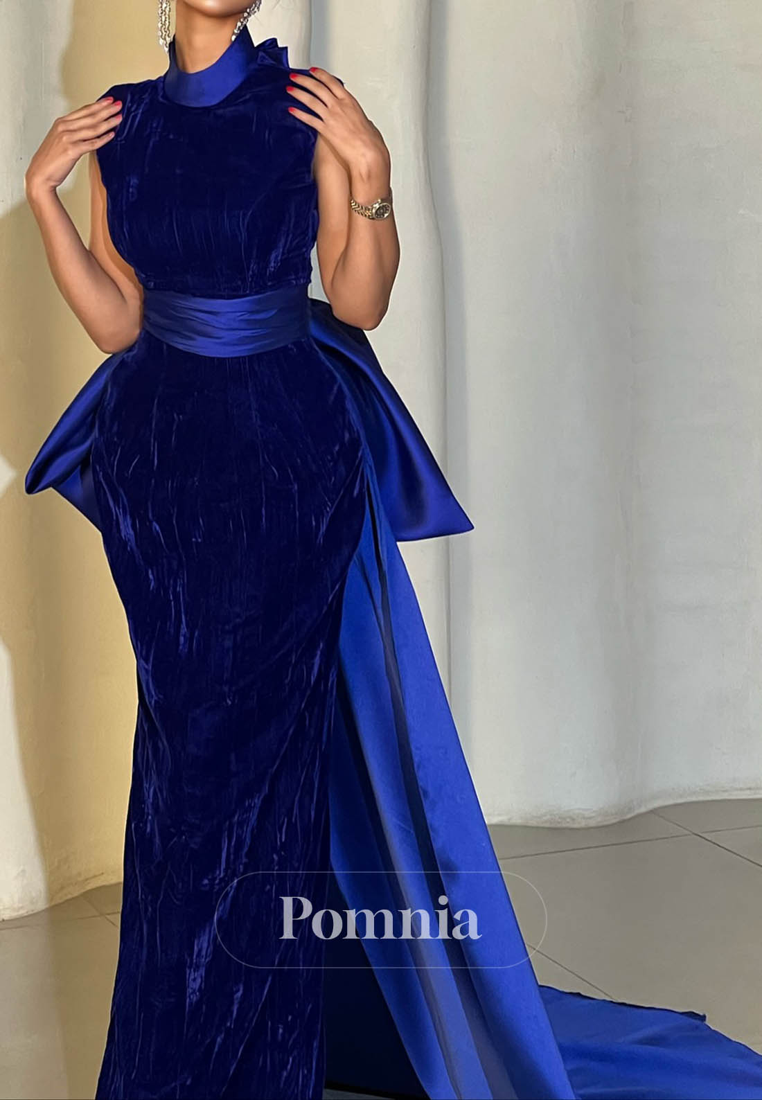 Royal Blue Halter Sleeveless Empire-Waist Evening Dress