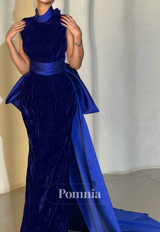 Royal Blue Halter Sleeveless Empire-Waist Evening Dress