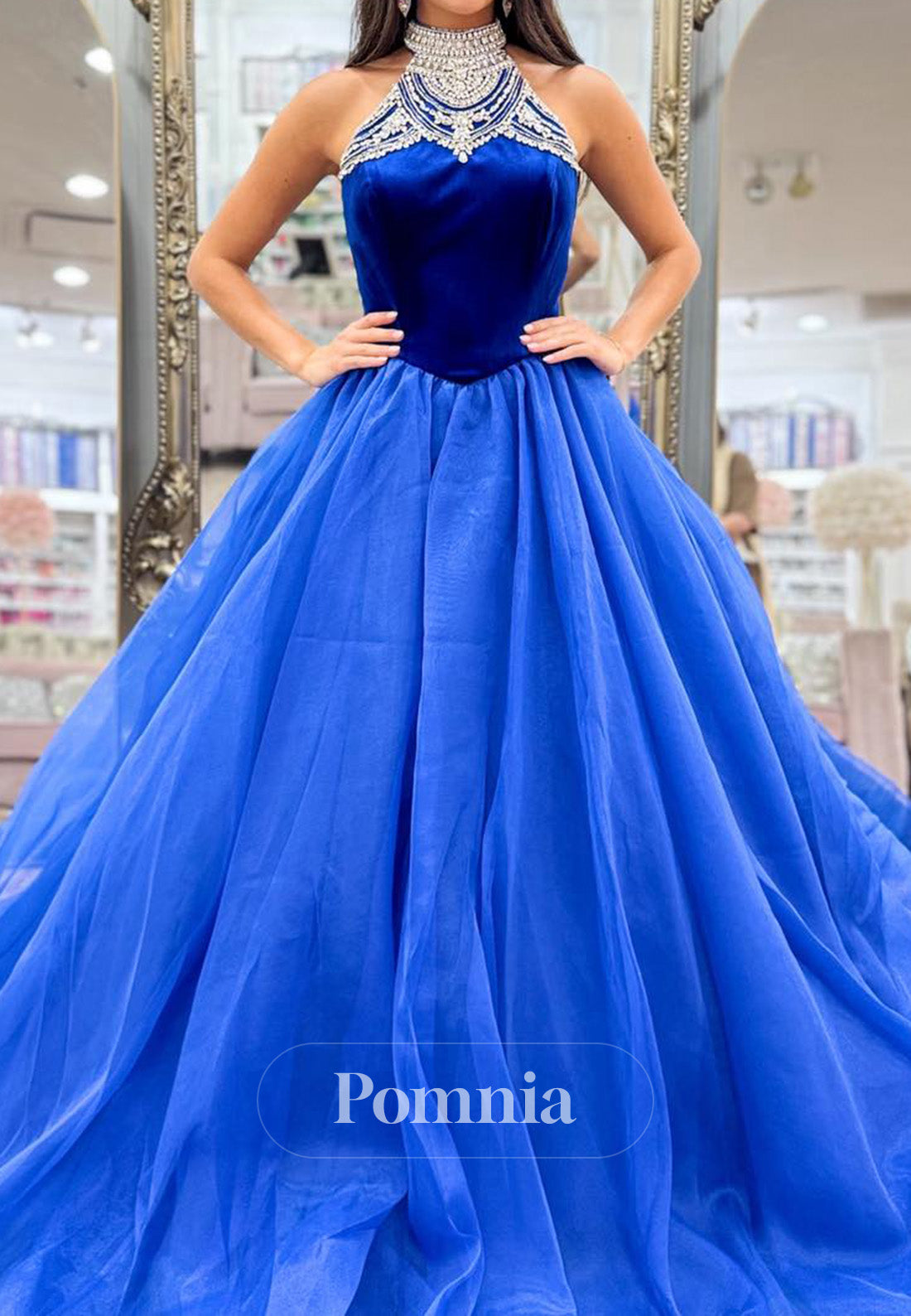 Royal Blue Halter Sleeveless Empire-Waist Prom Dress