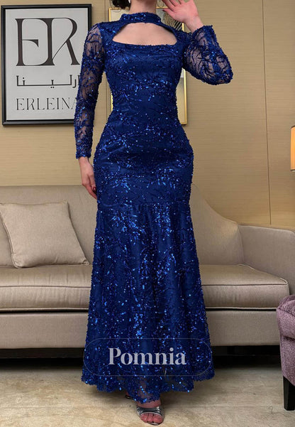 Royal Blue Long Sleeves High Neck Appliques Evening Dress