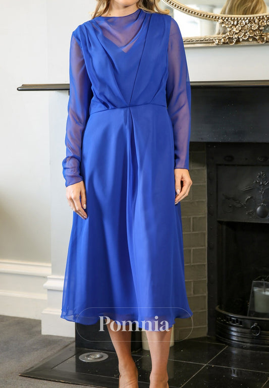 Royal Blue Long Sleeves Scoop A-Line Chiffon  Mother of the Bride Dress