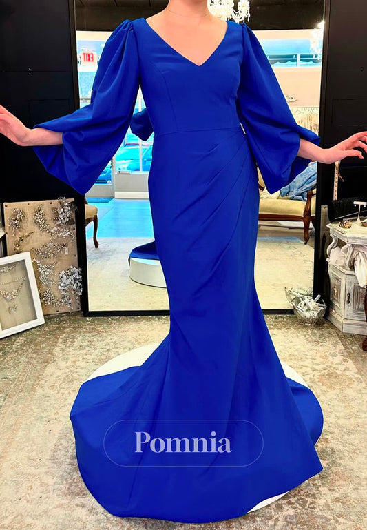 Royal Blue Long Sleeves V-Neck Mermaid  Mother of the Bride Dress