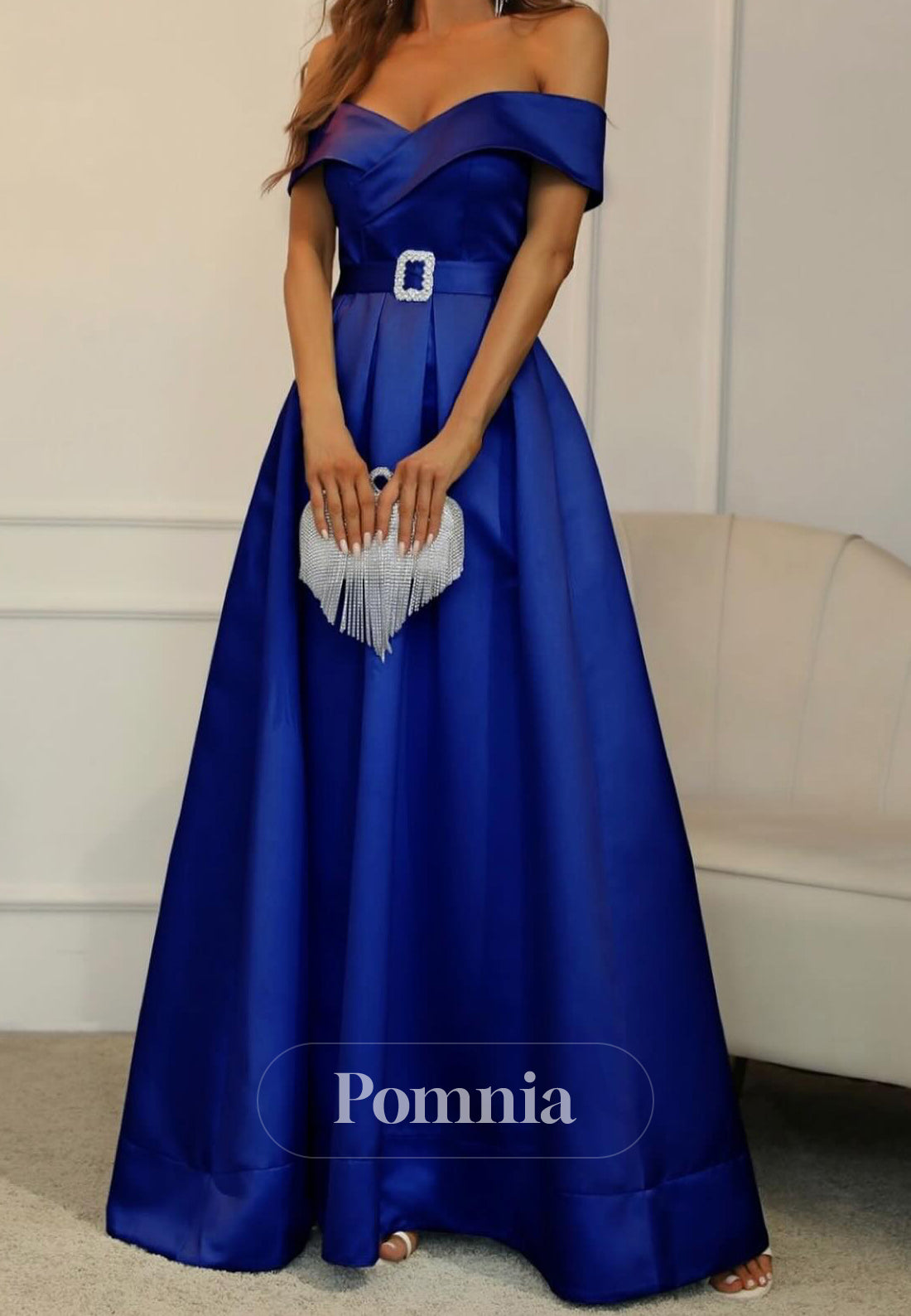 Royal Blue Off-Shoulder Sleeveless Empire-Waist Mother of the Bride Dress