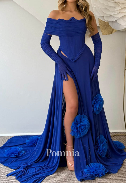Royal Blue Off-Shoulder Slit Ruched Sequins Evening Dress