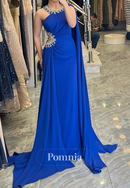 Royal Blue Scoop Sleeveless Beads Chiffon Evening Dress