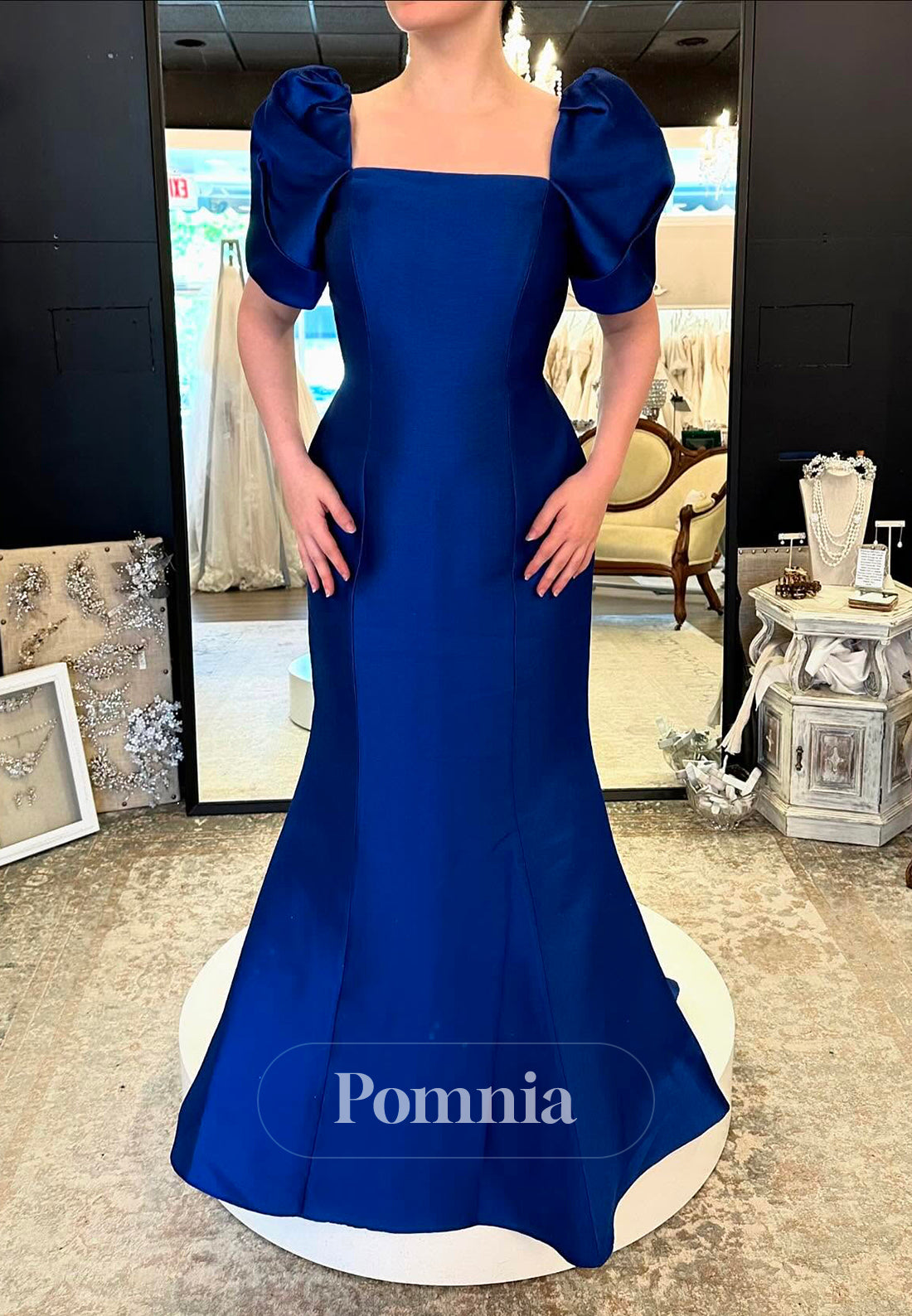 Royal Blue Short Sleeves Square A-Line  Mother of the Bride Dress