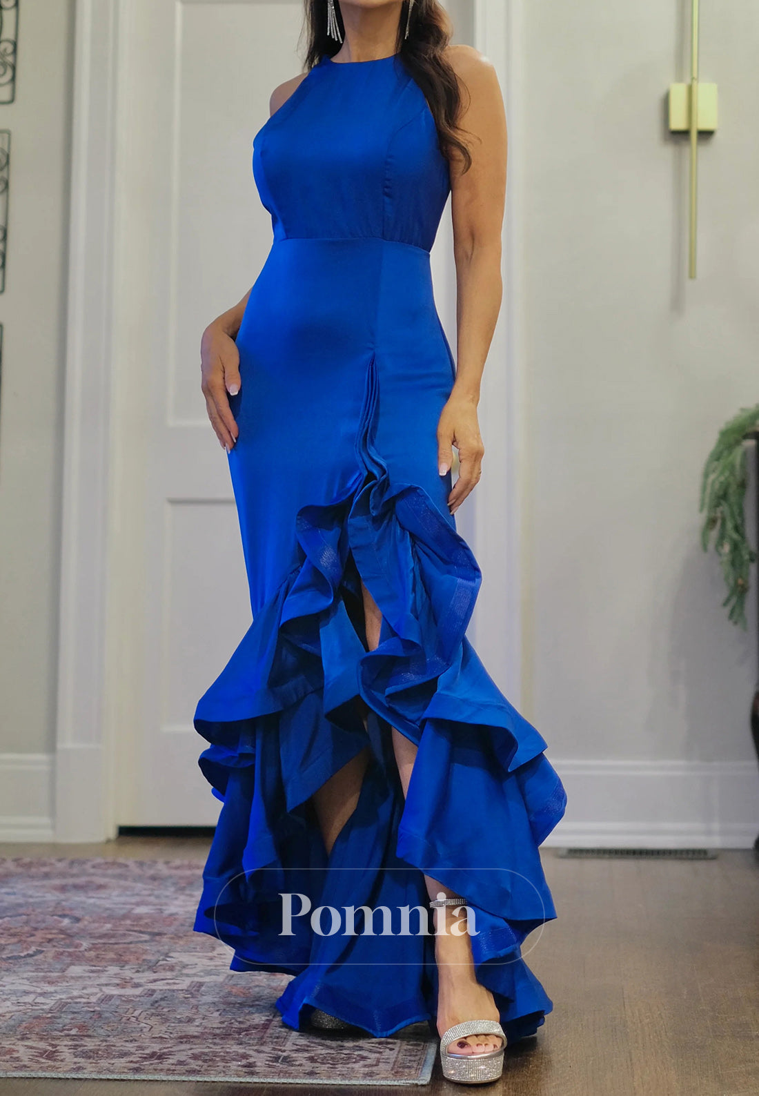 Royal Blue Sleeveless Scoop Ruffles Evening Dress