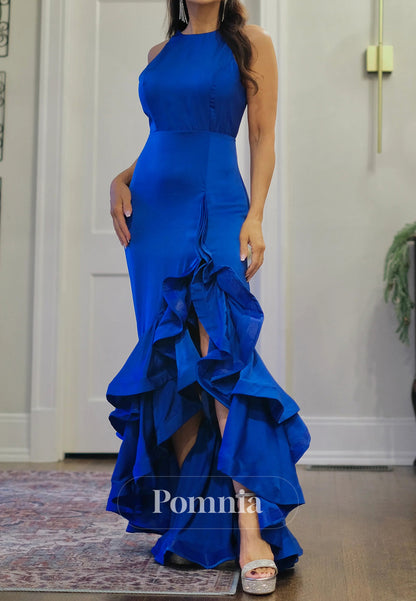 Royal Blue Sleeveless Scoop Ruffles Evening Dress