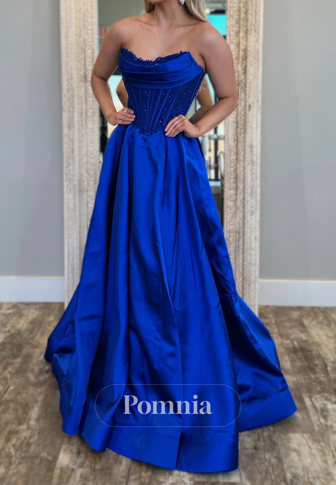 Royal Blue Sleeveless Strapless Empire-Waist Prom Dress