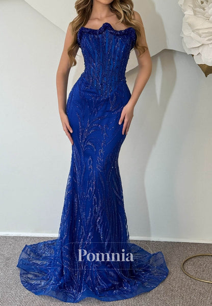 Royal Blue Sleeveless Strapless Sequins Prom Dress