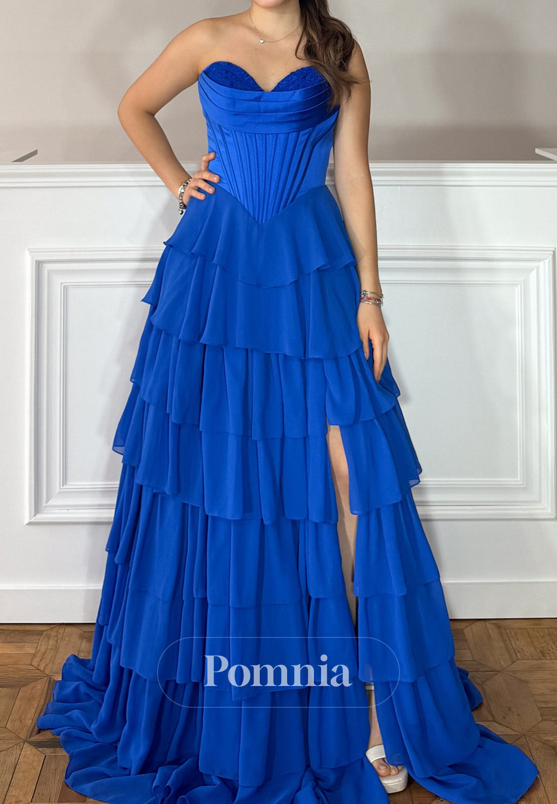 Royal Blue Sleeveless Strapless Slit Prom Dress