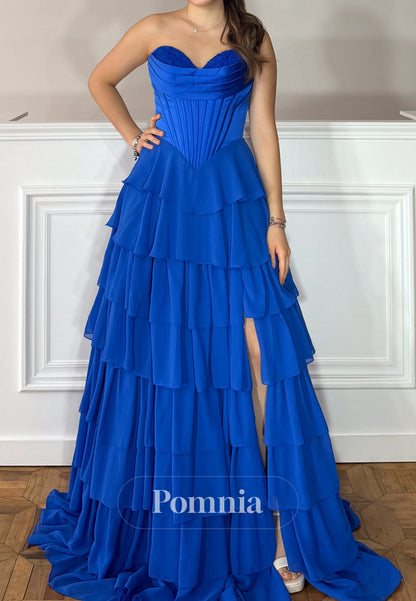 Royal Blue Sleeveless Strapless Slit Prom Dress