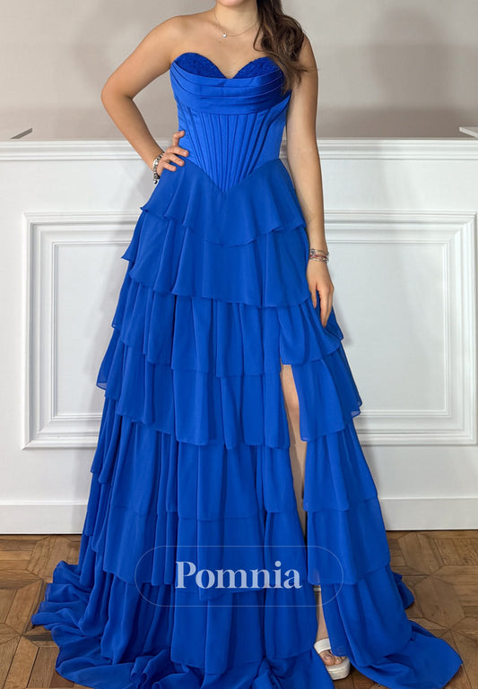 Royal Blue Sleeveless Strapless Slit Prom Dress