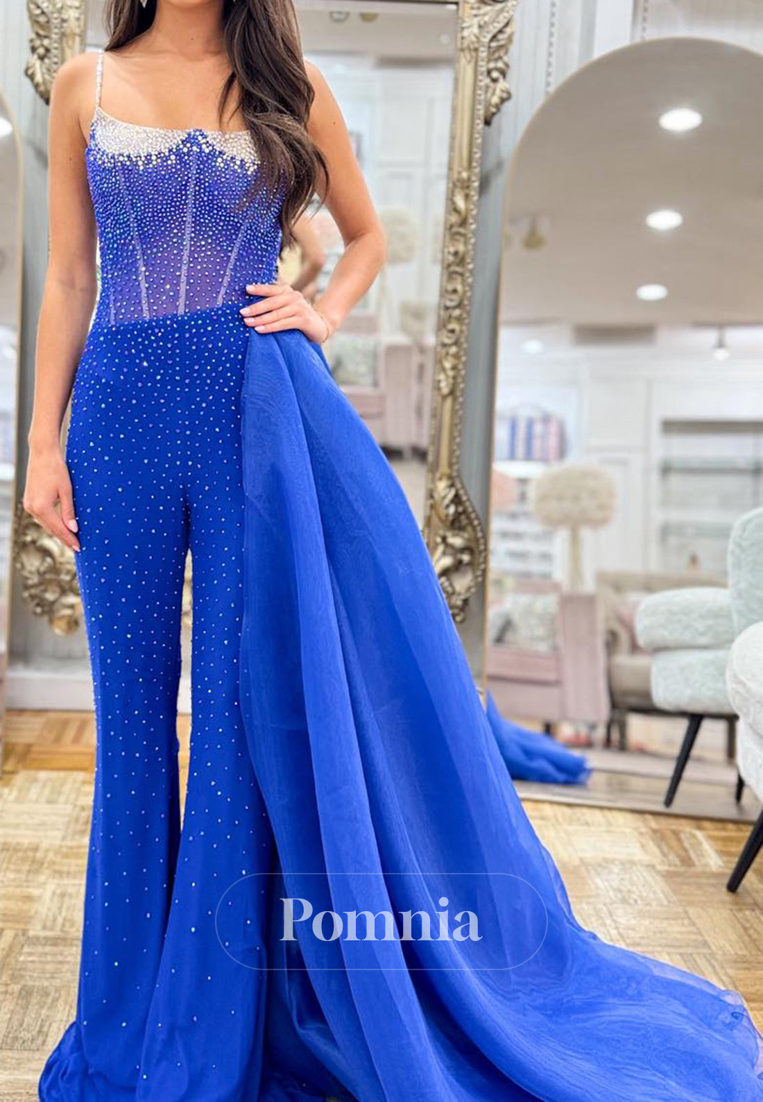 Royal Blue Spaghetti Straps Sweetheart Sequins Jumpsuit