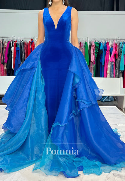 Royal Blue Spaghetti Straps V-Neck Ruffles Prom Dress