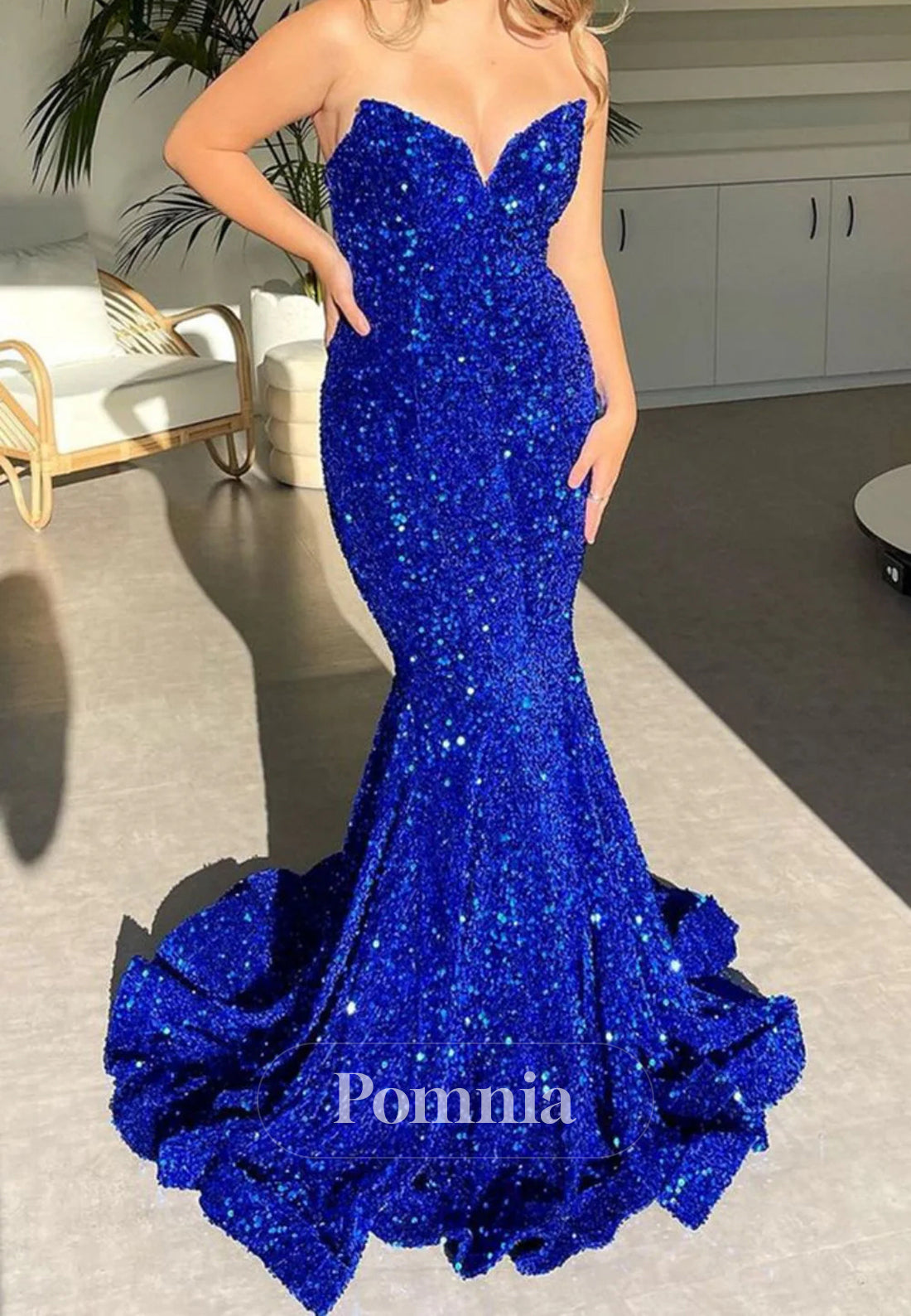 Royal Blue Sparkly Sequin Strapless Long Corset Prom Dress